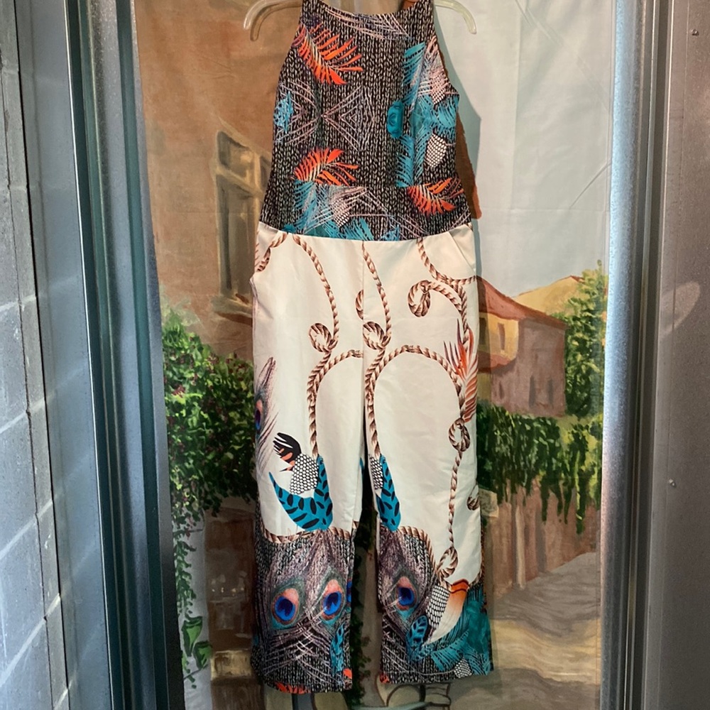 Peacock feather print wide leg jumpsuit